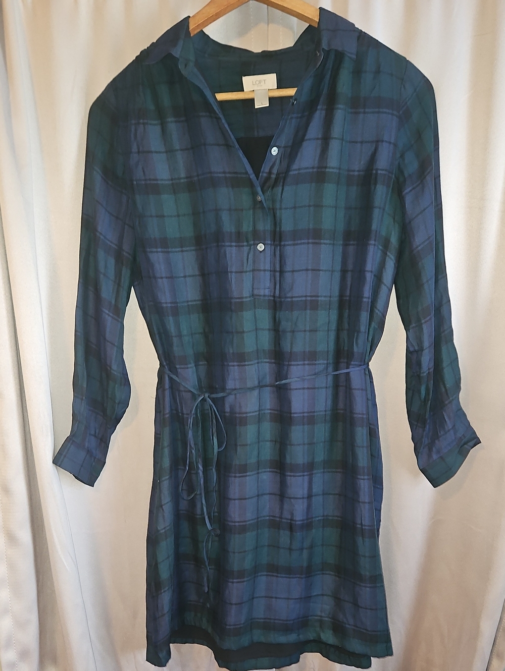 LOFT Holiday Blue and Green Plaid Long Sleeve Shirt Dress Large